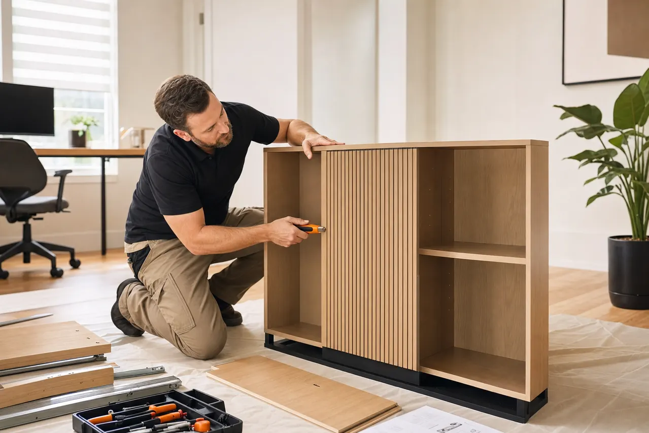Assemblage minutieux d’un meuble de rangement résidentiel