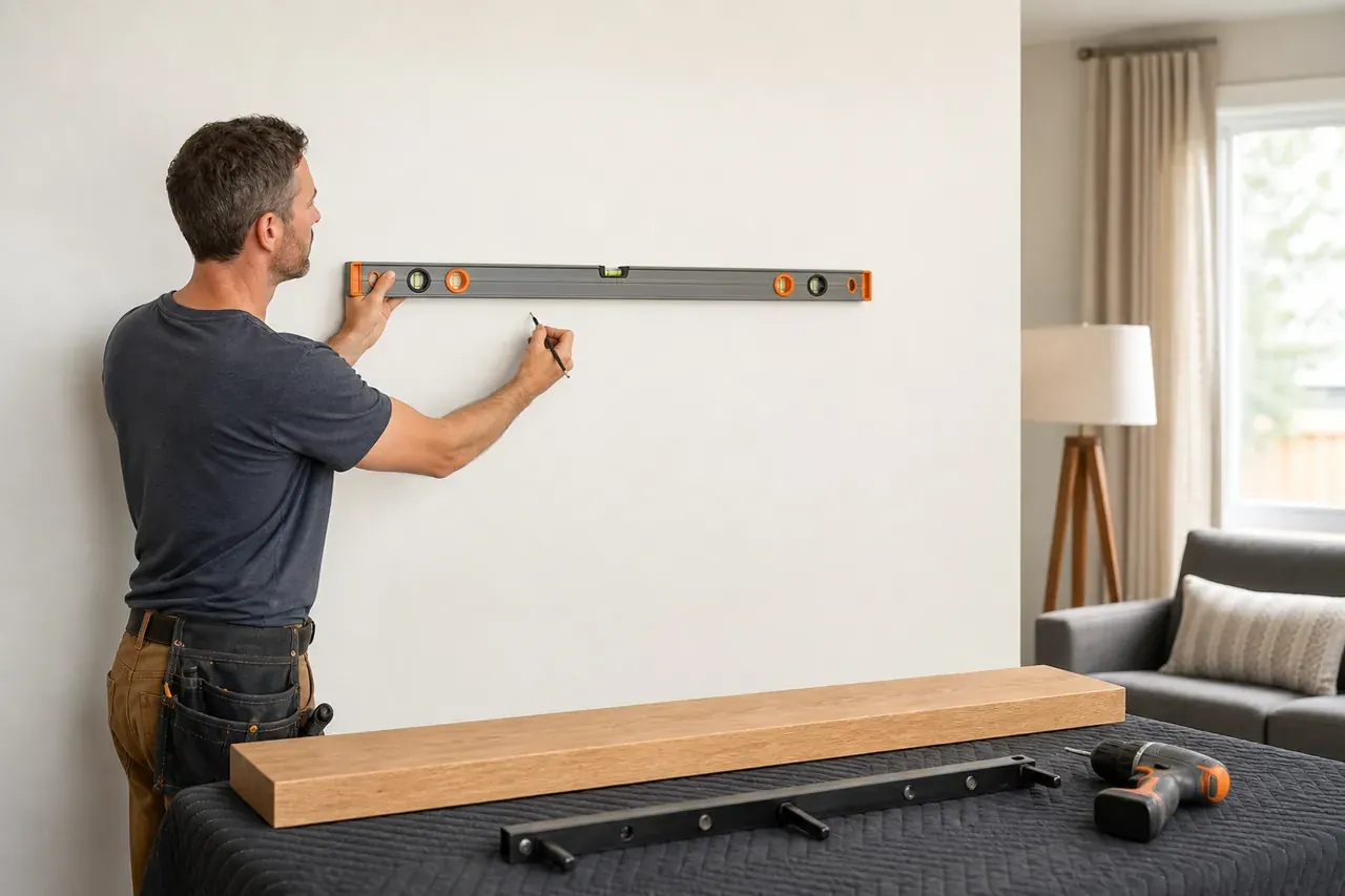 Installation soignée de tablettes murales dans une résidence